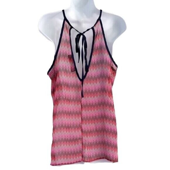 2/$15 Blue Rain Chevron Tank Top Pink Large Keyhole Sleeveless Semi Sheer Ties - Picture 3 of 7